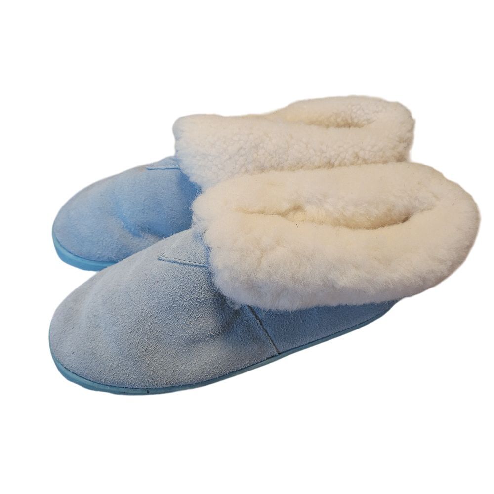 RJ's Fuzzies Womens Blue Suede Sheepskin Lined Bootie Slippers 8 Leather Sherpa - Picture 3 of 7